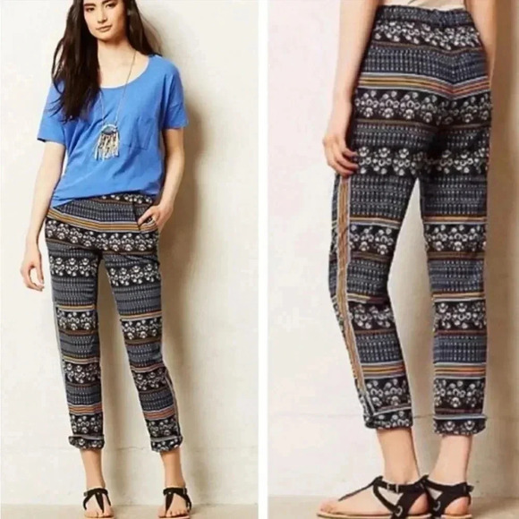 {Anthropologie} Elevenses Aralia Printed Blue Jogger Pant Size 0 - Picture 1 of 16